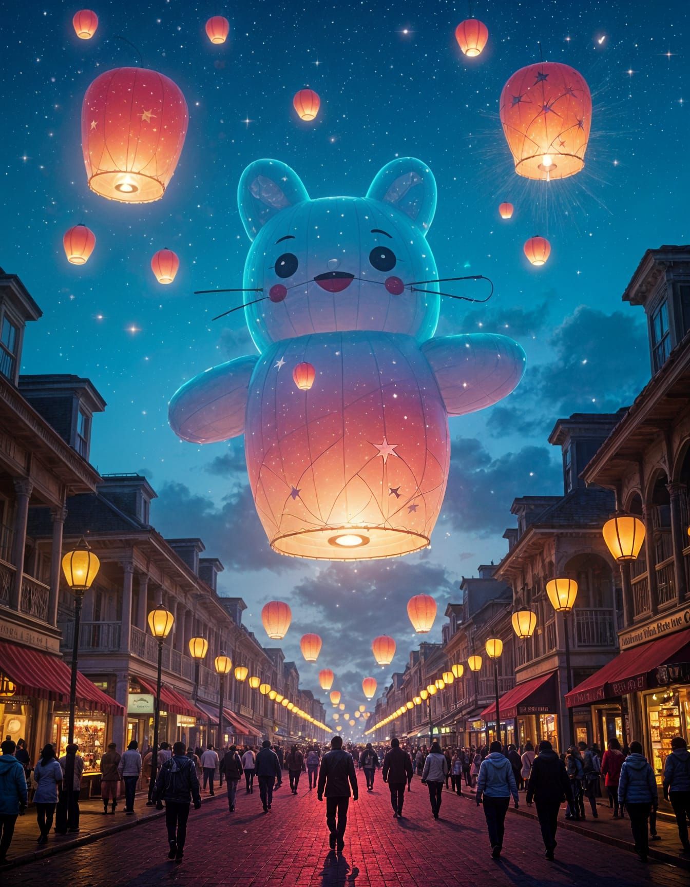 Midnight Festival with Floating Characters in Candy Skies