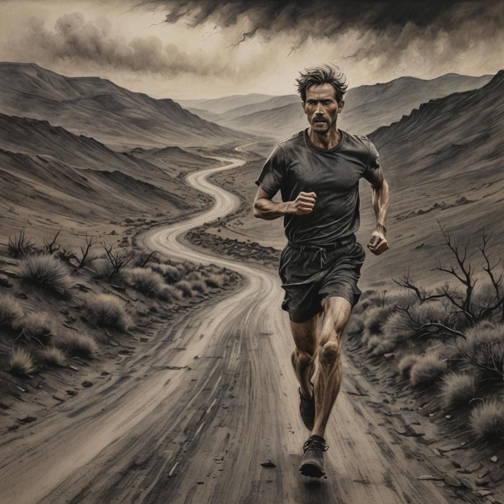 Charcoal Drawing of a Runner in Desolate Landscape