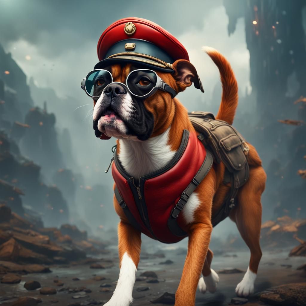 Boxer Dog and Red Cat Pilot: Fantasy Concept Art
