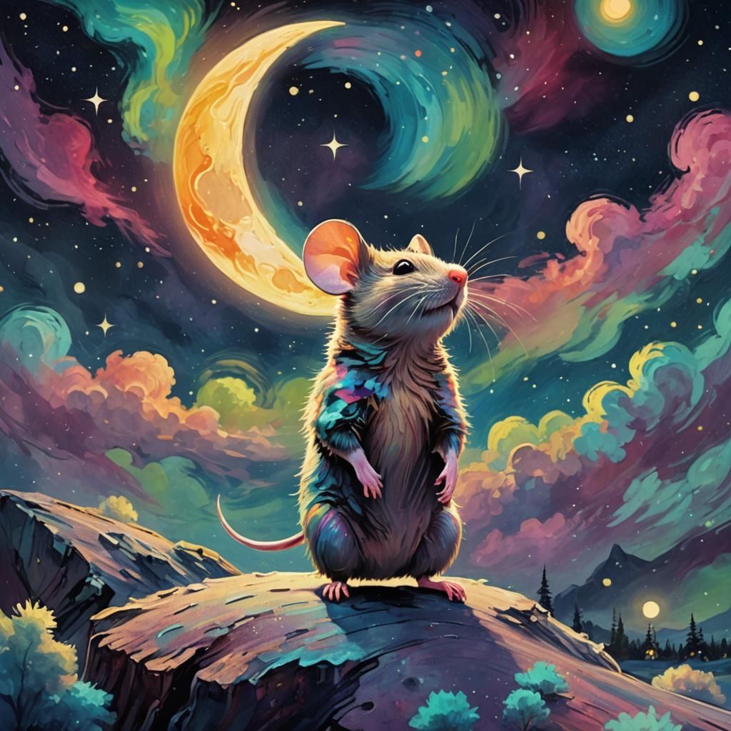 Mouse on Moon Gazing at Northern Lights, Van Gogh Style