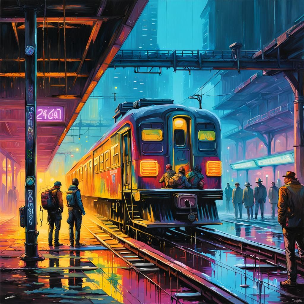Cyberpunk Train Station: Oil Painting and Neon Graffiti