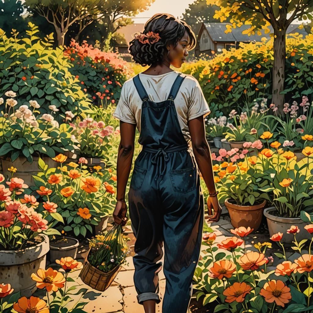 Woman Gardening: Watercolor and Ink Illustration