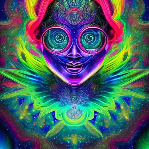 Cosmic Woman's Face with Swirling Galaxies in Vibrant Neon S...