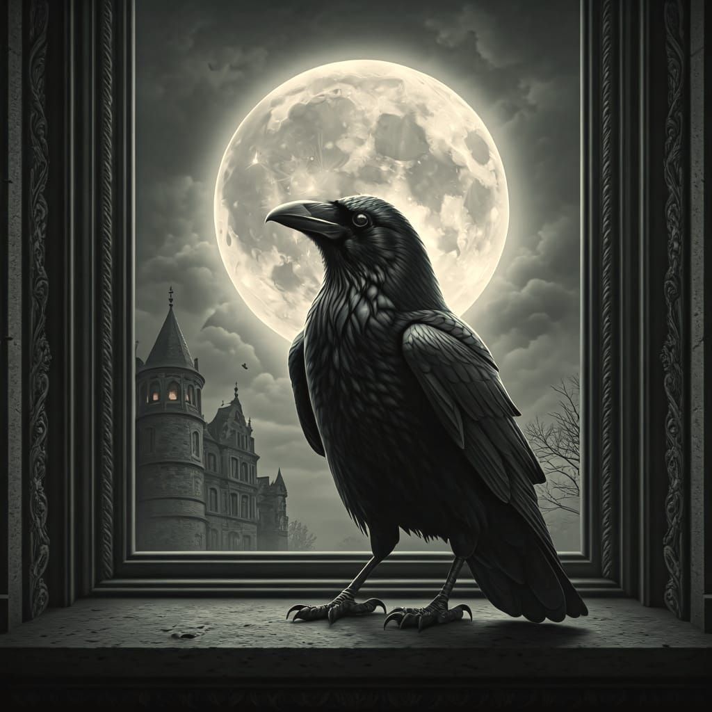 Photorealistic Raven Silhouette Before Full Moon