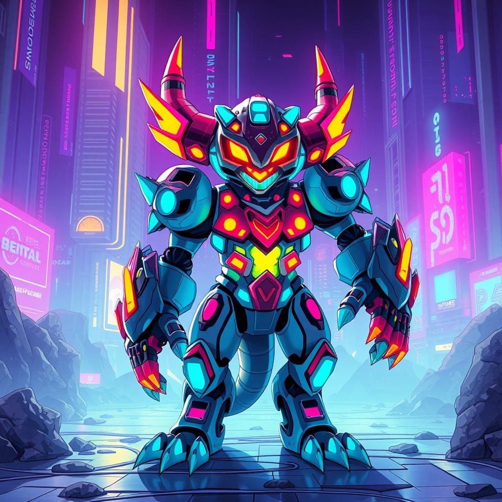 Vibrant Digimon in a Cyberpunk Neon Landscape