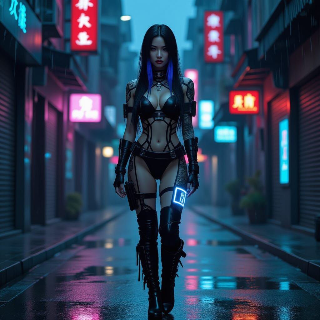 Cyberpunk Woman in Neon Shanghai Alley