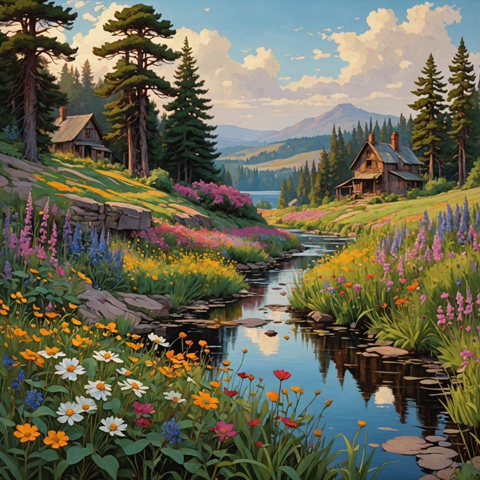 Colorful Wildflower Landscape in Pre-Raphaelite Style