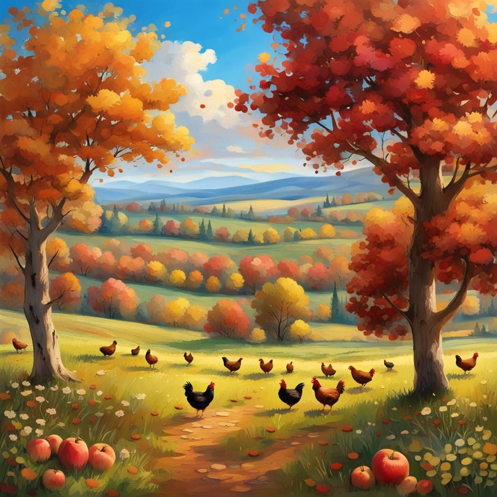 Dreamlike Autumn Apple Orchard with Chickens