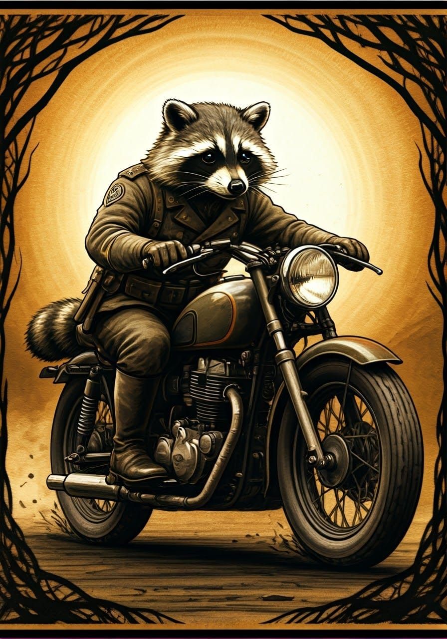Raccoon Adventurer Rides into the Sunset in Film Noir Style