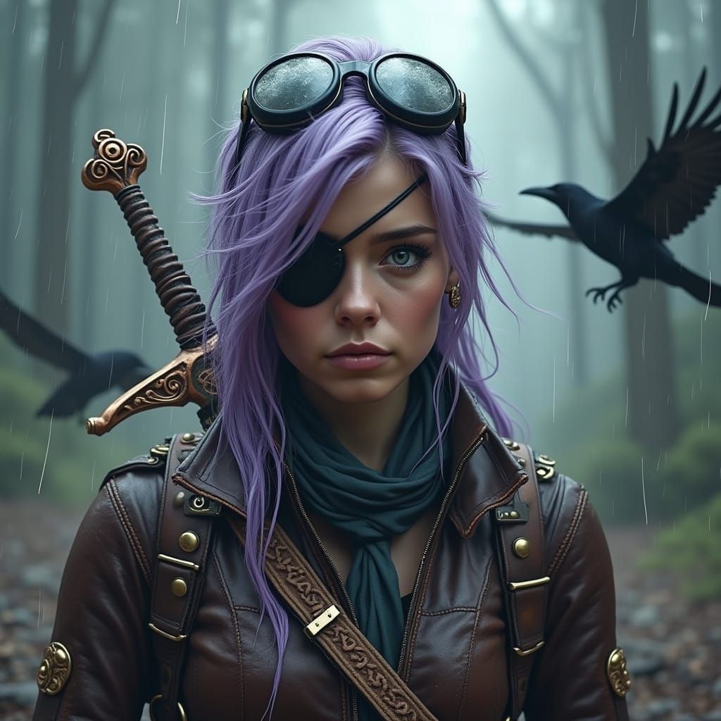 Extreme Close up, Steampunk-inspired, facing camera, beautiful tough, wet purple and silver hair,  woman with a single e...