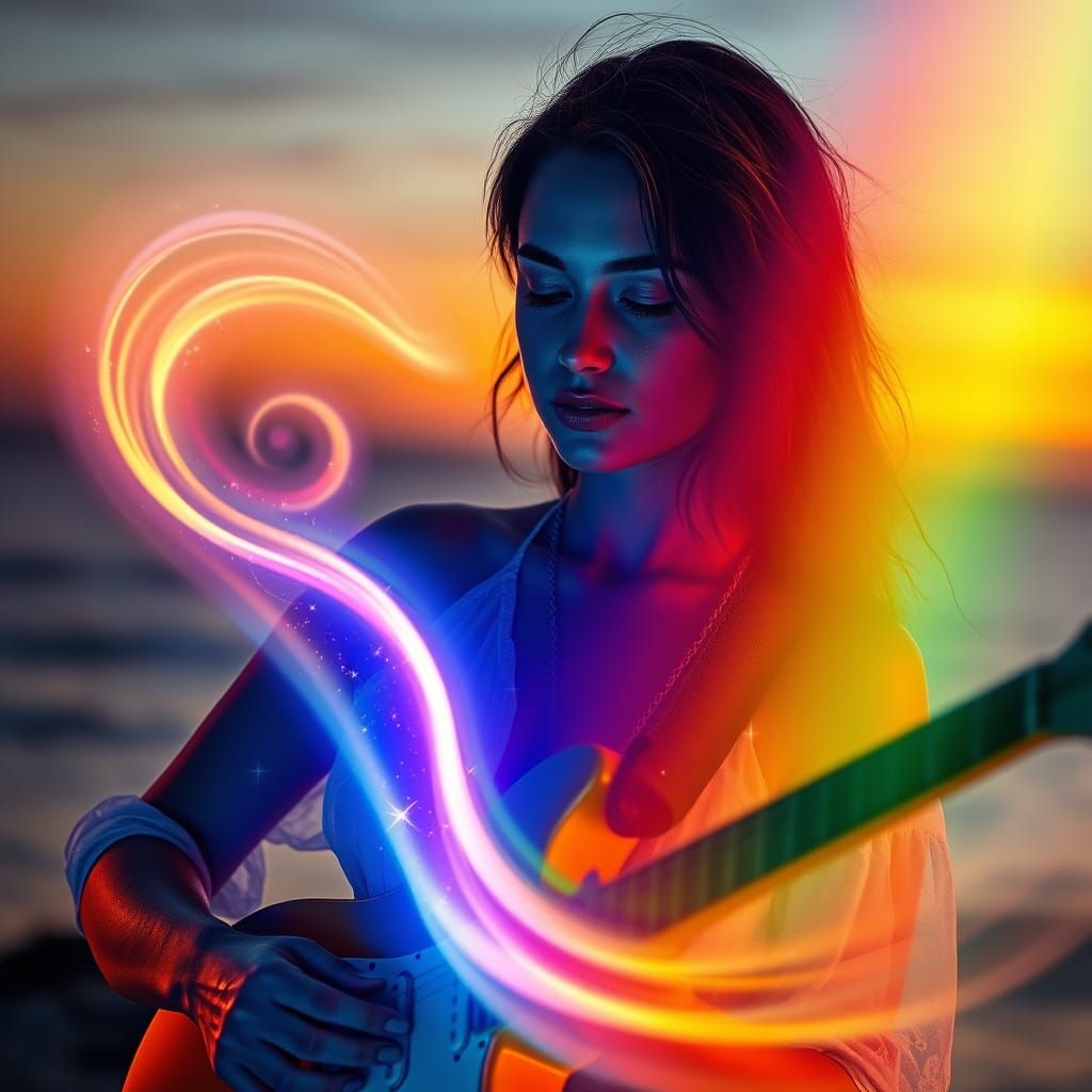 Electric Guitarist on Sunset Coast in Hyperrealistic Style