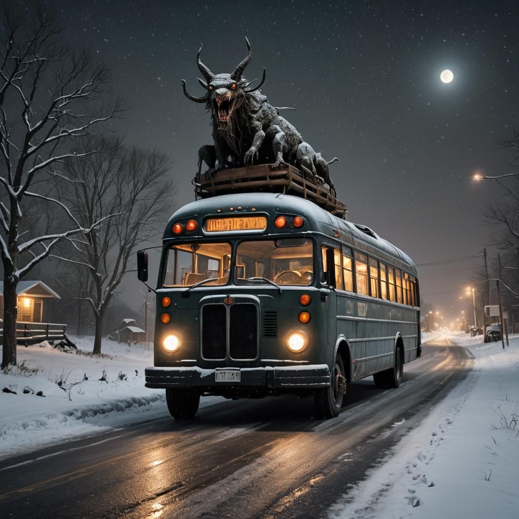 Eldritch Creature Rides a Snowy Midnight Bus