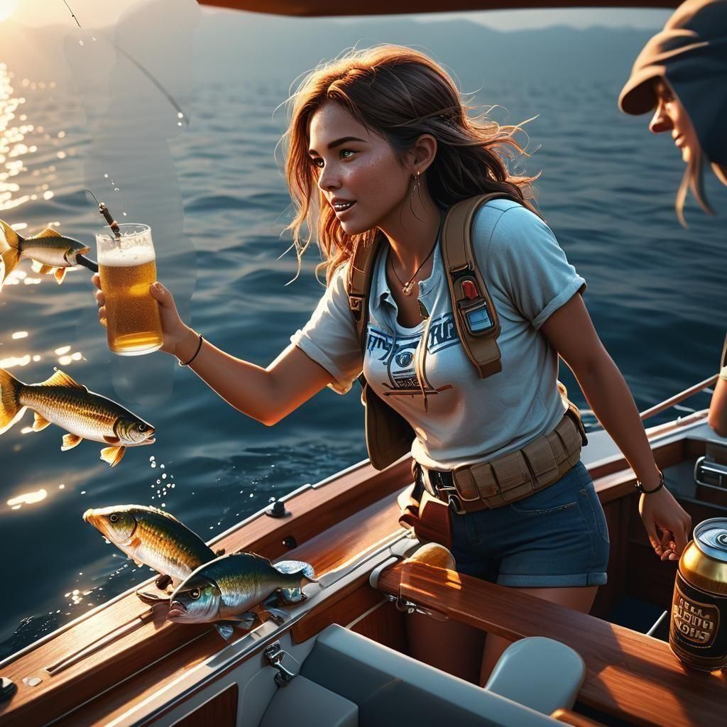 Women Fishing and Drinking Beer in Photorealistic Style