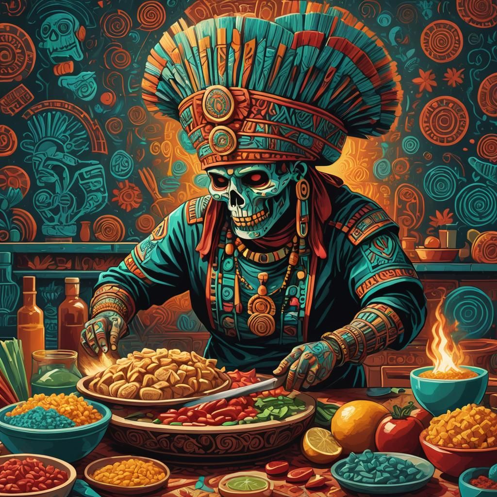 Aztec Death God Parody in Cook Show Illustration