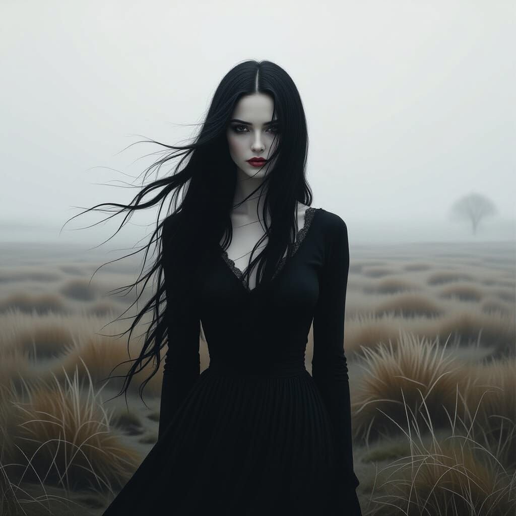 Melancholic Woman on Windswept Moor in Expressive Style