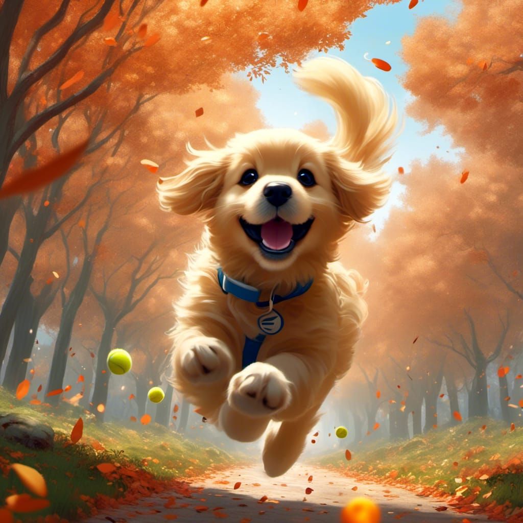 Golden Retriever Puppy Catches Ball, Anime Style