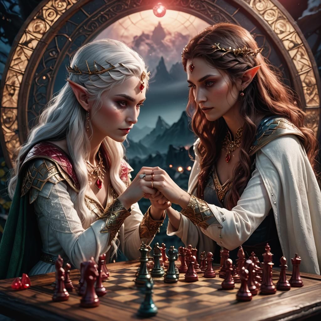 Elf Goddesses Play Chess in Moody Fantasy Art
