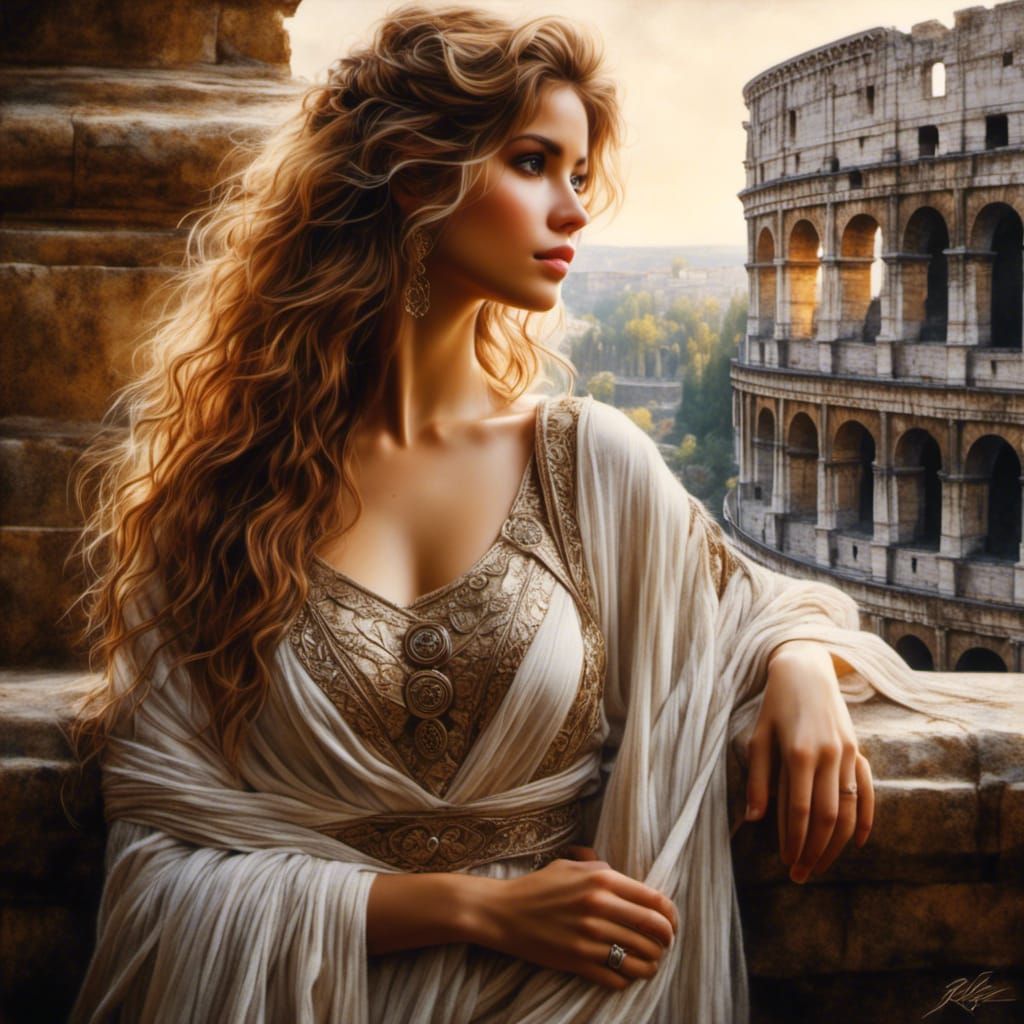 Italian Woman at the Colosseum: Hyperrealistic Painting