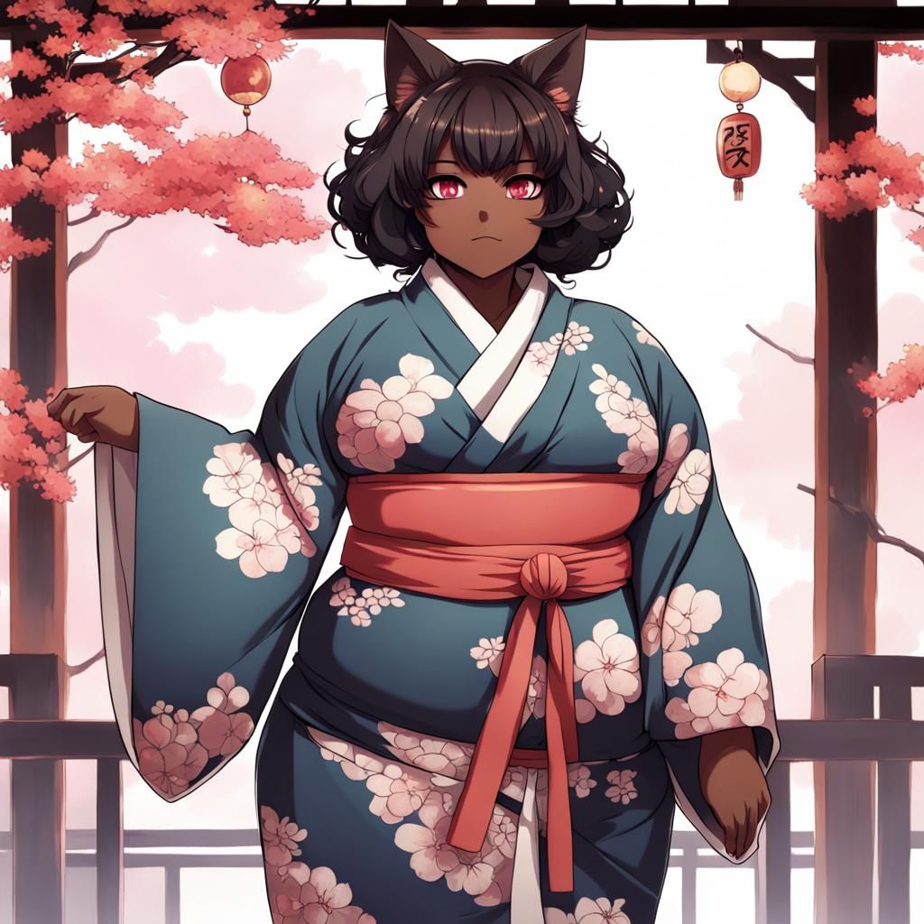 Ebony Plus-Size Cat-Girl in Kimono, Anime Style