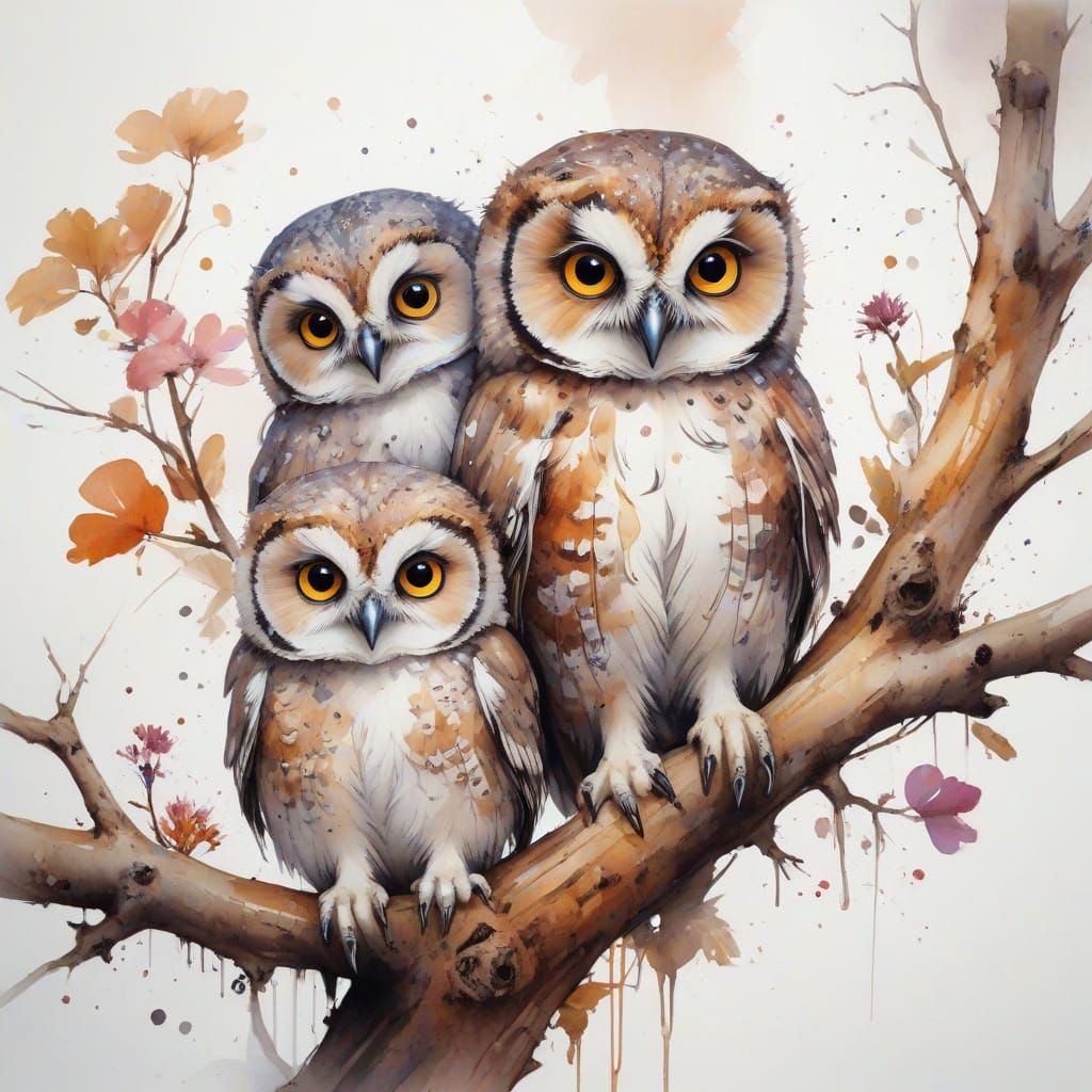 Owlets on Branch Sock Design in Watercolor Style