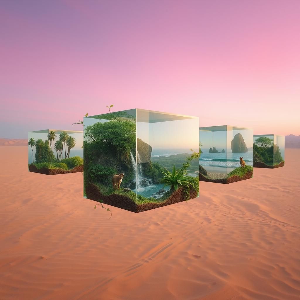 Surreal Desert: Floating Glass Cubes with Lush Ecosystems