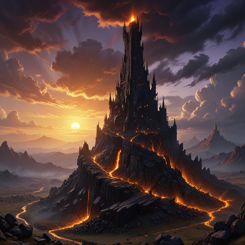 Dark Tower in Mordor with Glowing Eye of Sauron