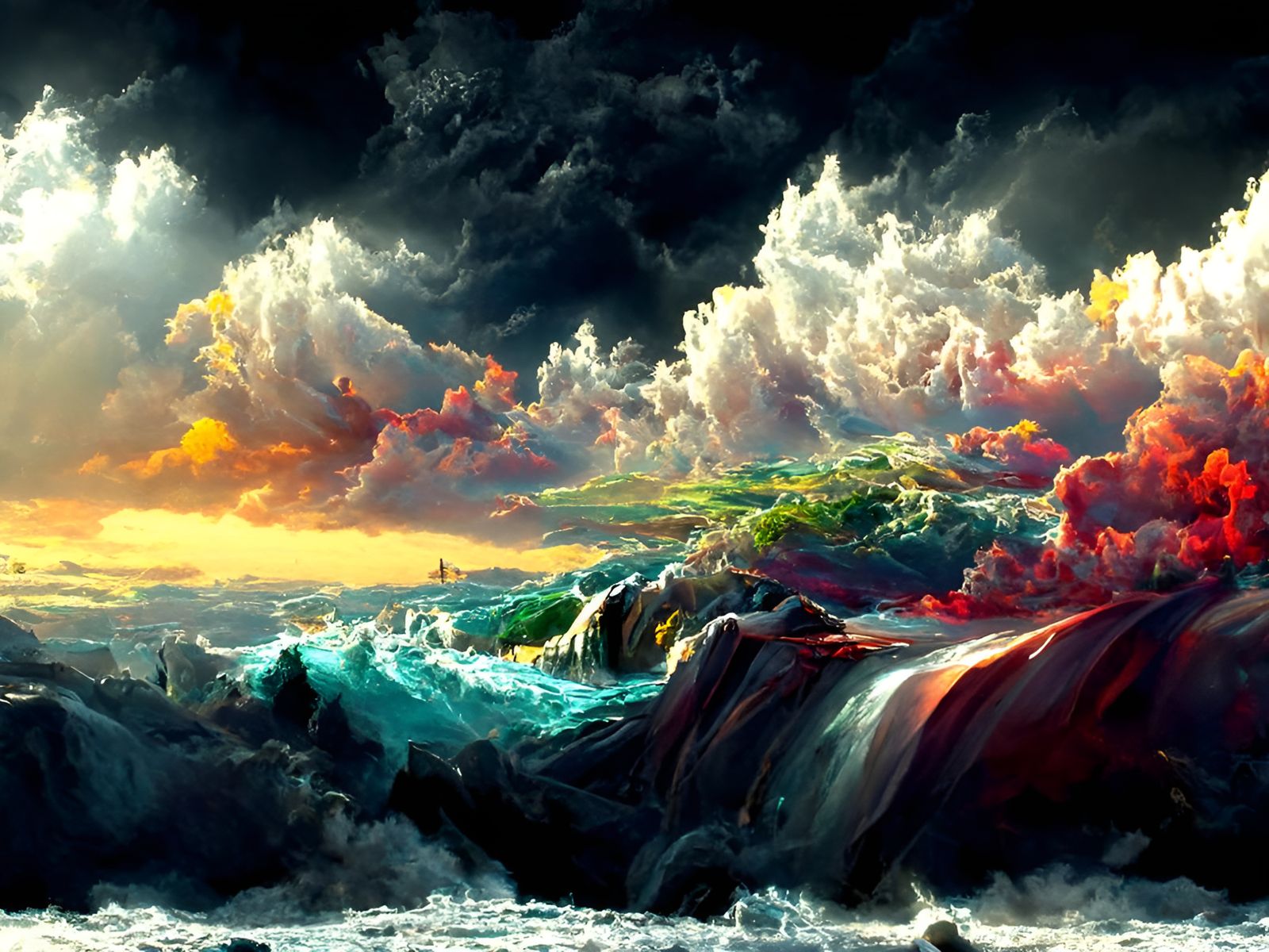 Epic Ocean Storm at Night, Hyperrealistic Painting