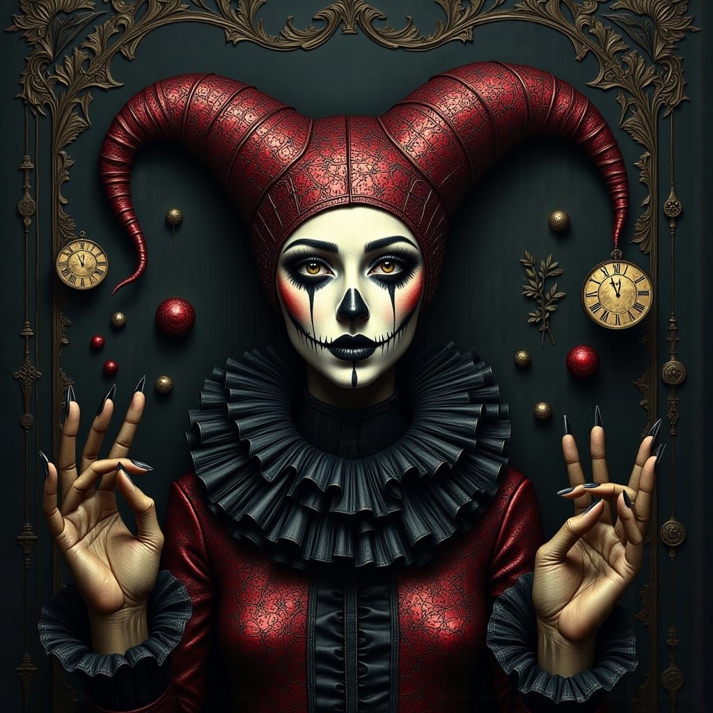 Macabre Harlequin in Dark, Muted Colors with Ornate Details