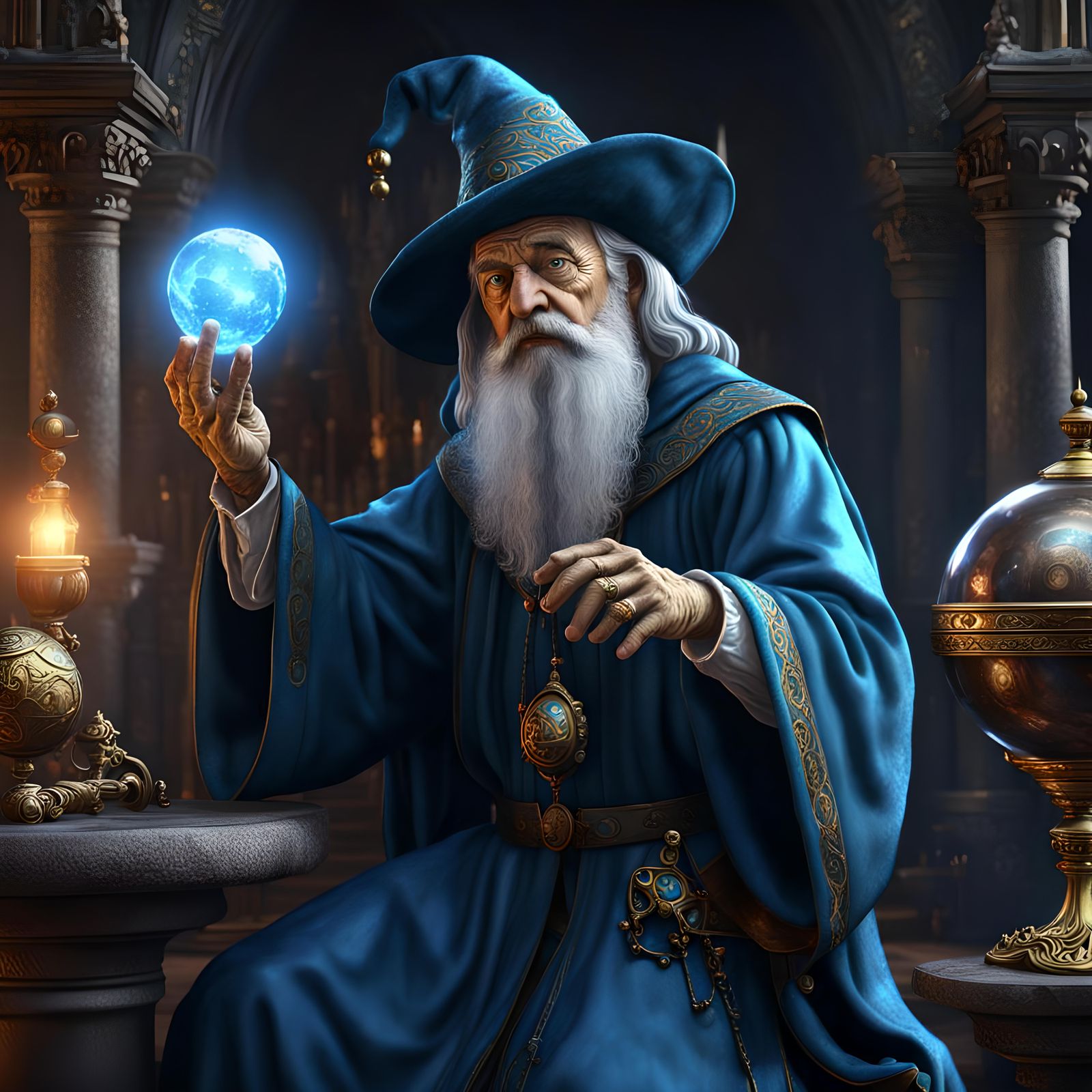Renaissance Wizard Ponders Orb: Detailed Matte Painting