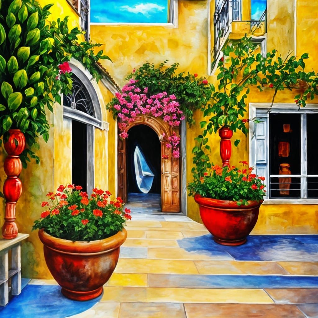 Mediterranean Estate Courtyard in Grungy Oil Painting