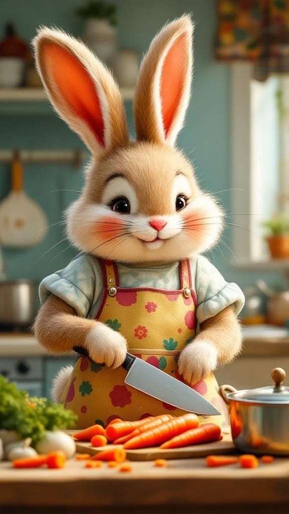 Cozy Kitchen Scene with Happy Mother Bunny