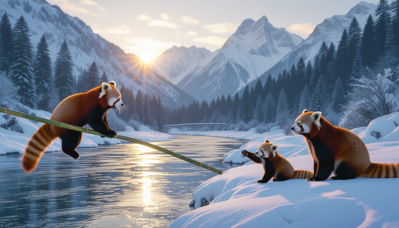 Red Panda Swings Across Icy River in Nepal