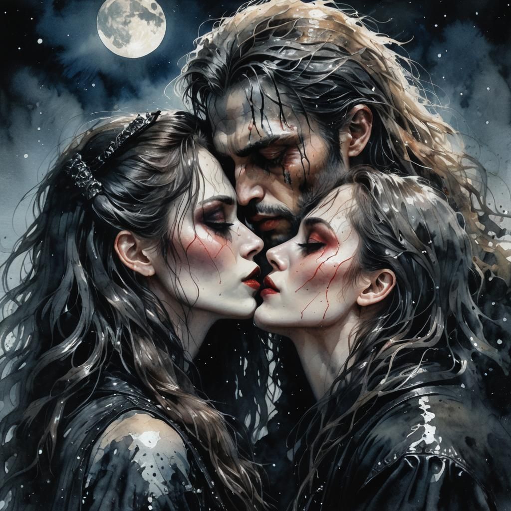 Gothic Kiss: Werewolf and Girl in Watercolor Style