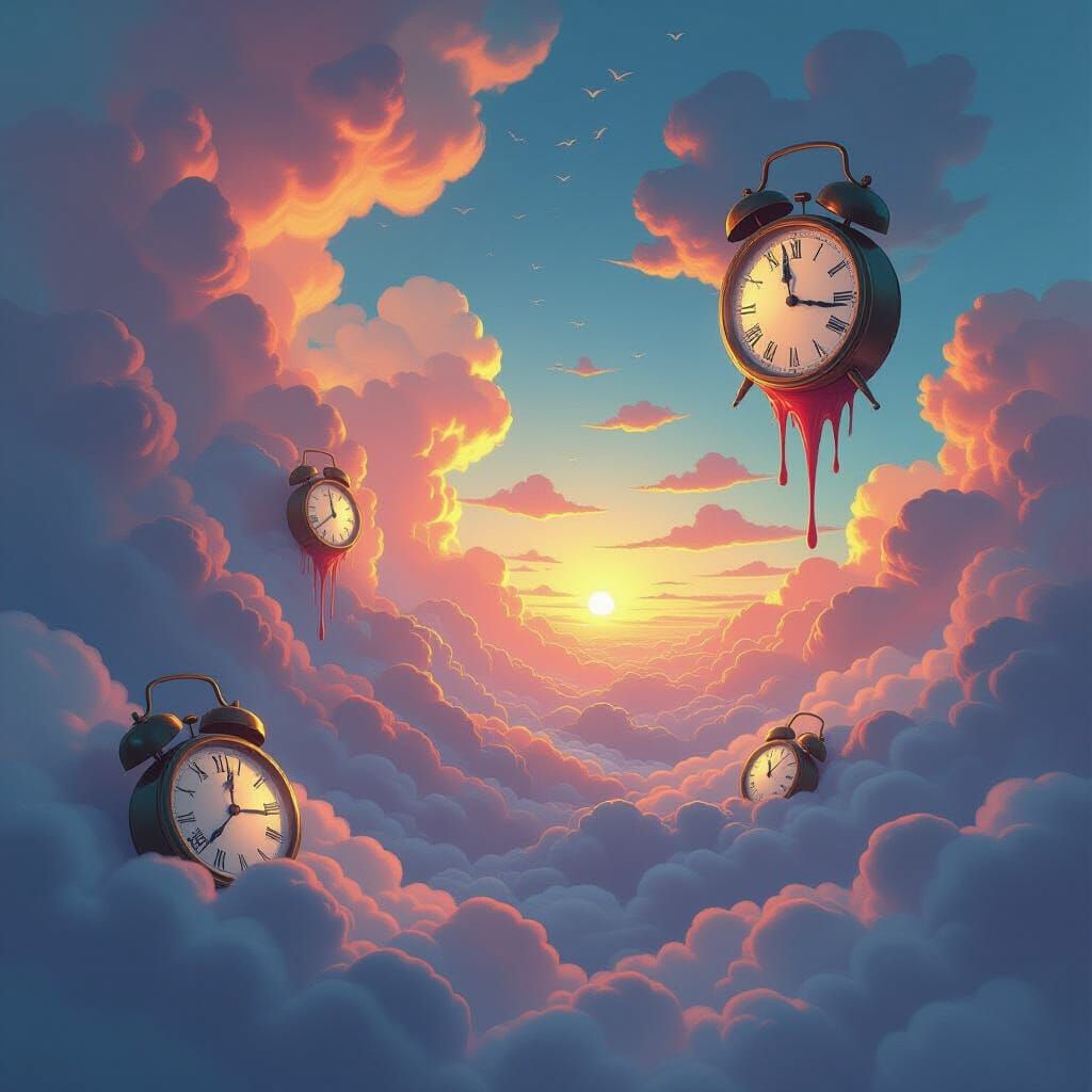 Surreal Dreamscape: Melting Clocks and Swirling Skies