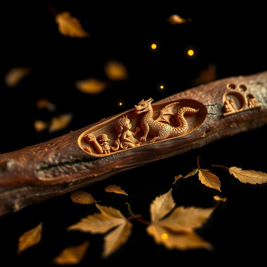Enchanting Carving of Girl and Dragon in Rainforest
