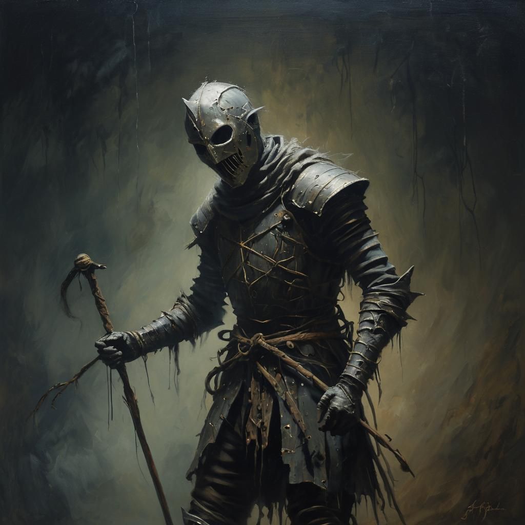 Eerie Knight Puppet in Dark Fantasy Oil Painting