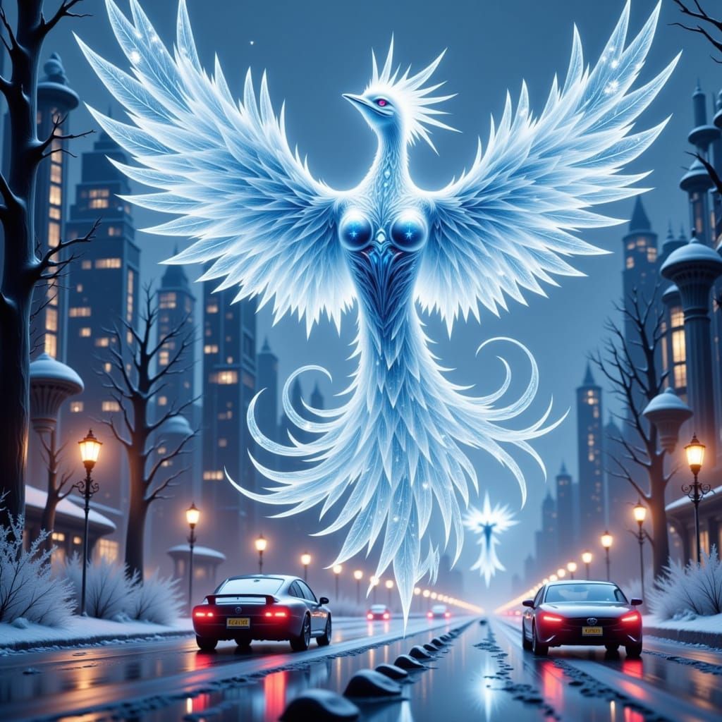 Majestic Ice Phoenix in Neon-Filled Futuristic Cityscape