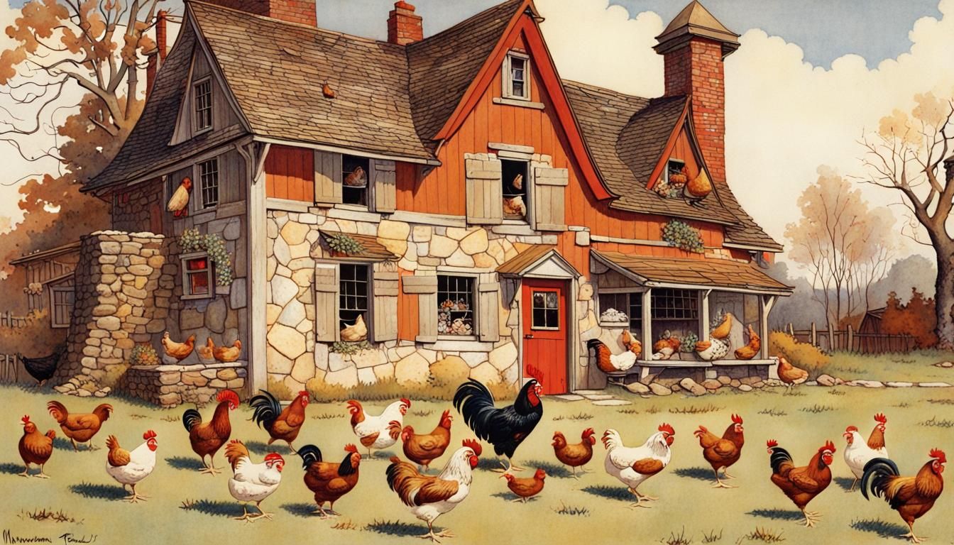 Tudor Farmhouse with Chickens in Rockwell Style