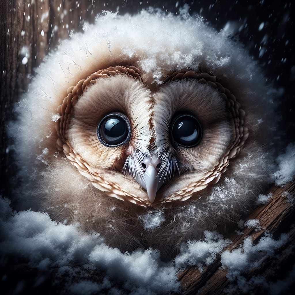 Cute Baby Barn Owl Sheltering from Snow