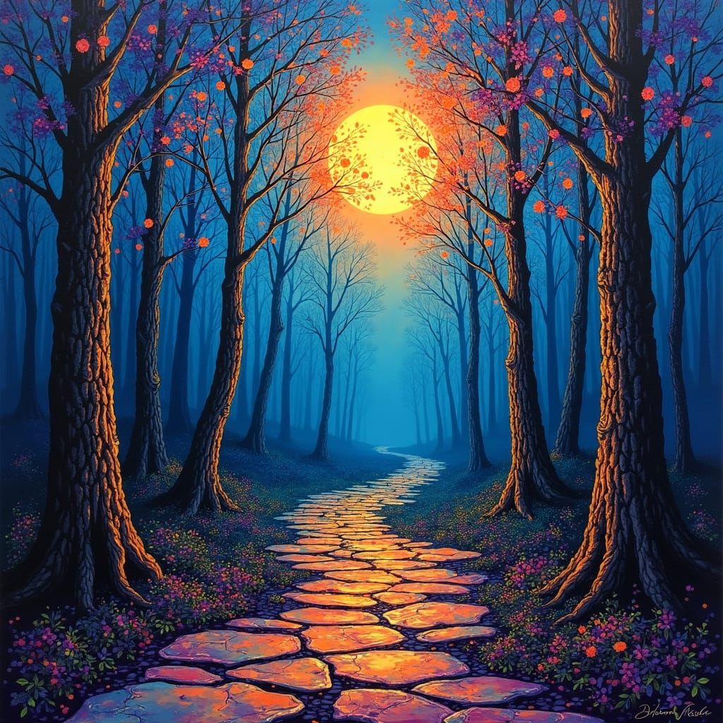 Moonlit Path in Abstract Kintsugi Forest
