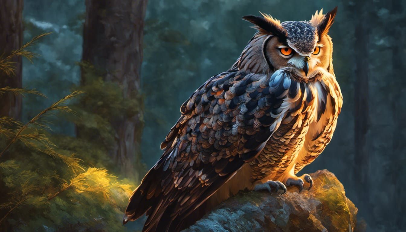 Hyperrealistic Eagle-Owl in Steampunk Night Setting