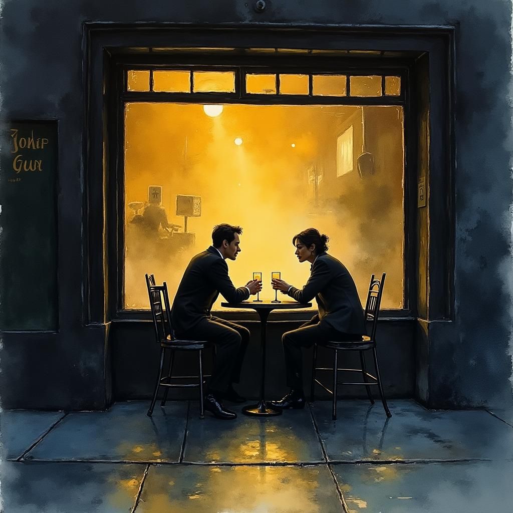 Rainy Night Jazz Bar Scene as Watercolor Painting
