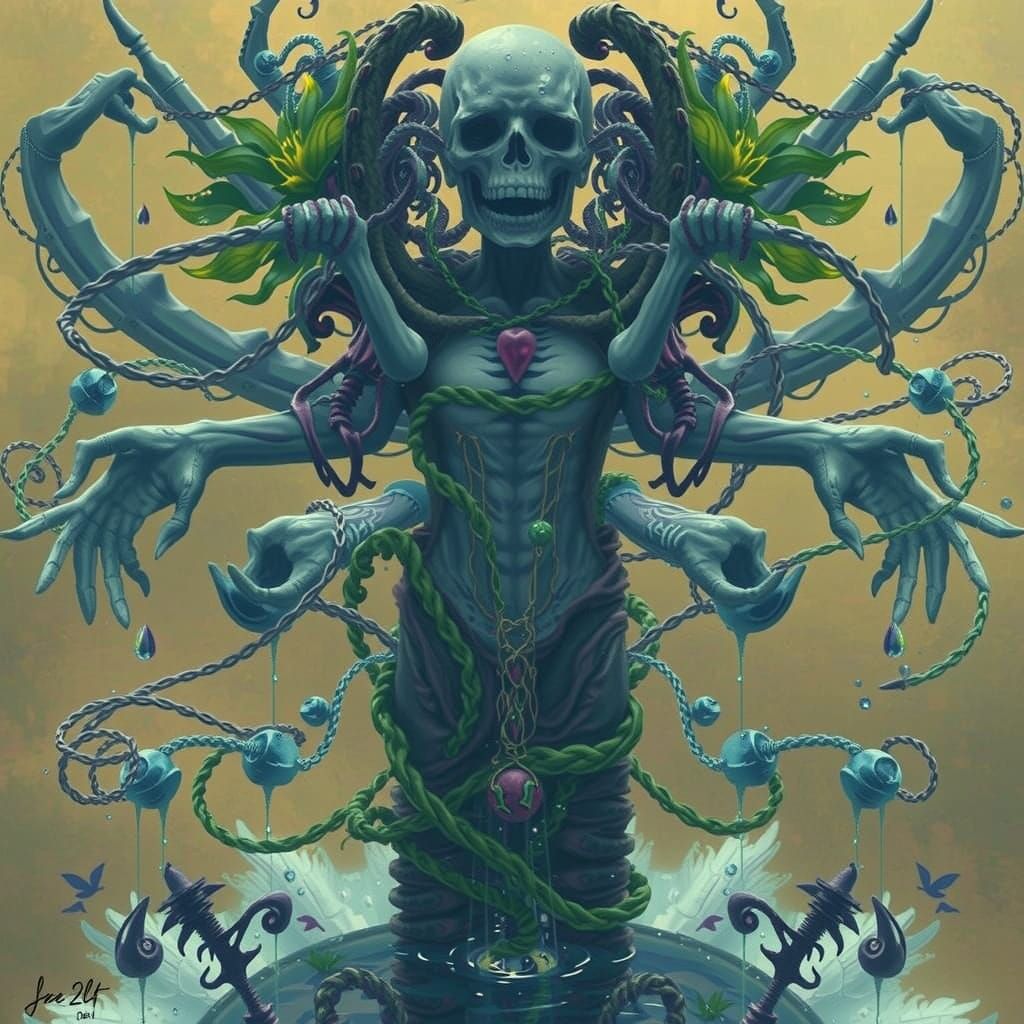 Macabre Water Wheel in Biomechanical Surrealism Style