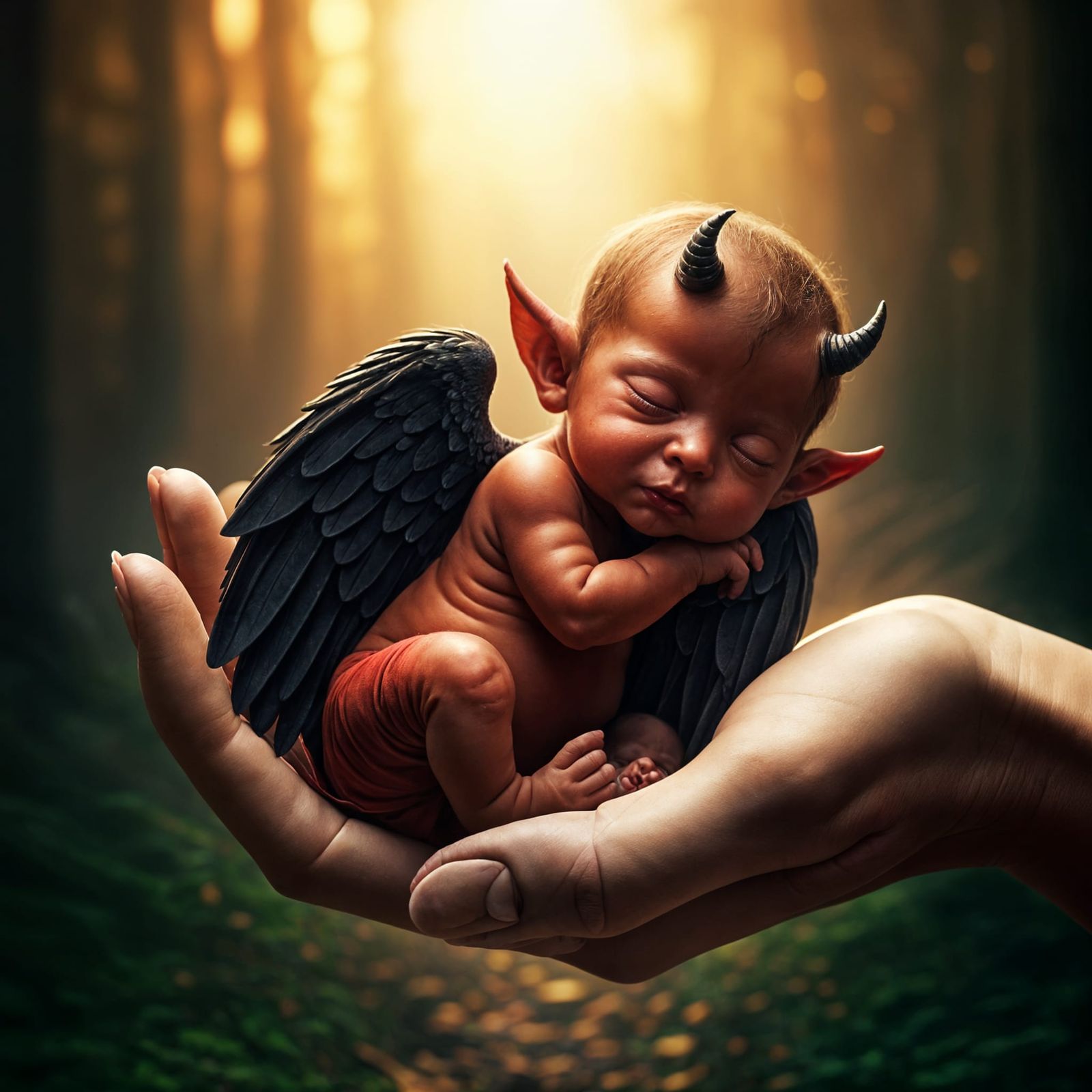 Sleeping Baphomet Baby in Gentle Hand