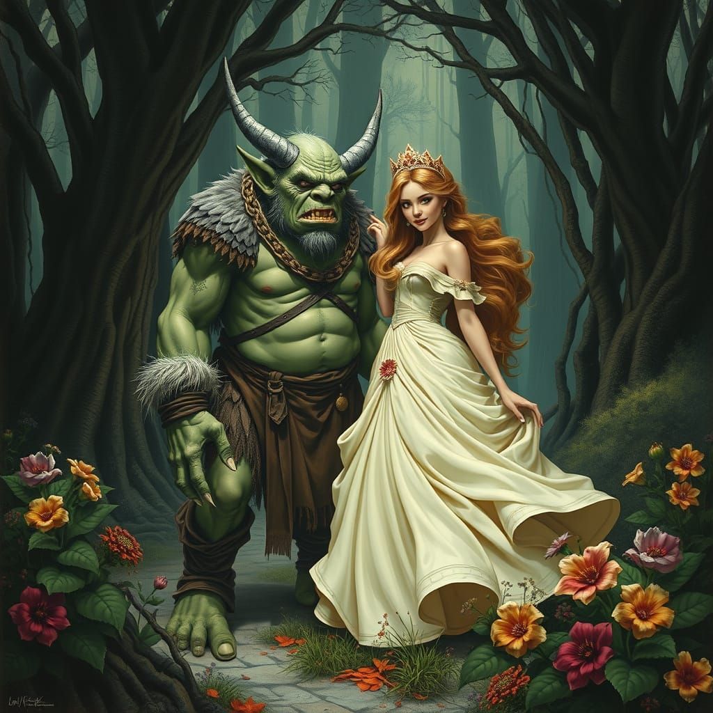 Ogre and Princess in Contrasting Nature, Fantasy Art