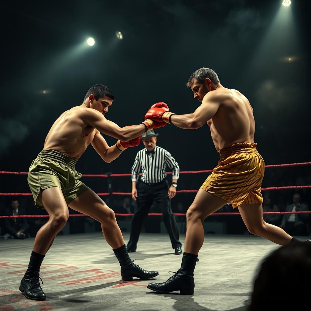 old fashioned boxing arena 1920s with two bloodied sluggers, one with blue trunks and one with gold striped, punching ea...
