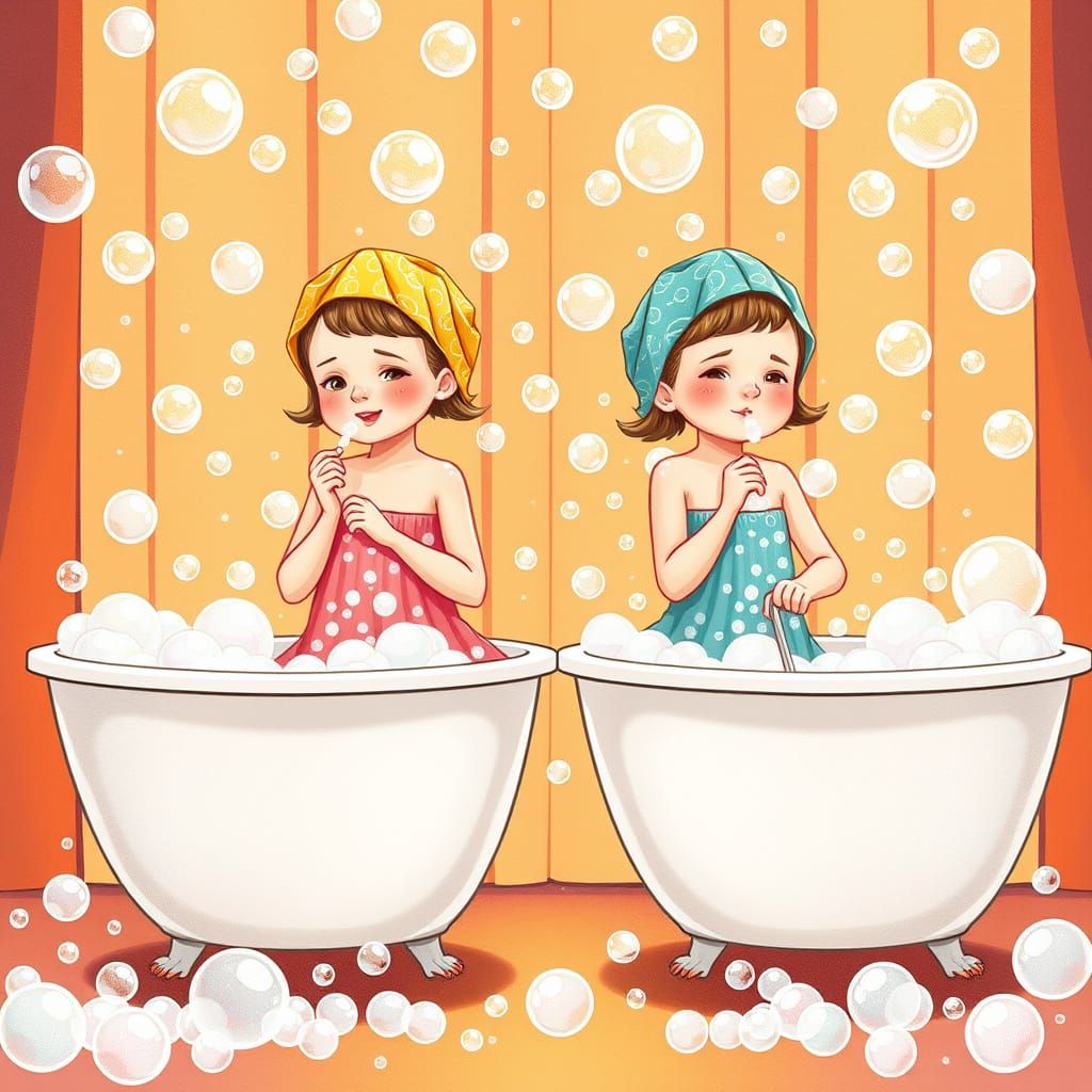 Girls Enjoy Whimsical Bubble Bath Party in Colorful Tub Scen...