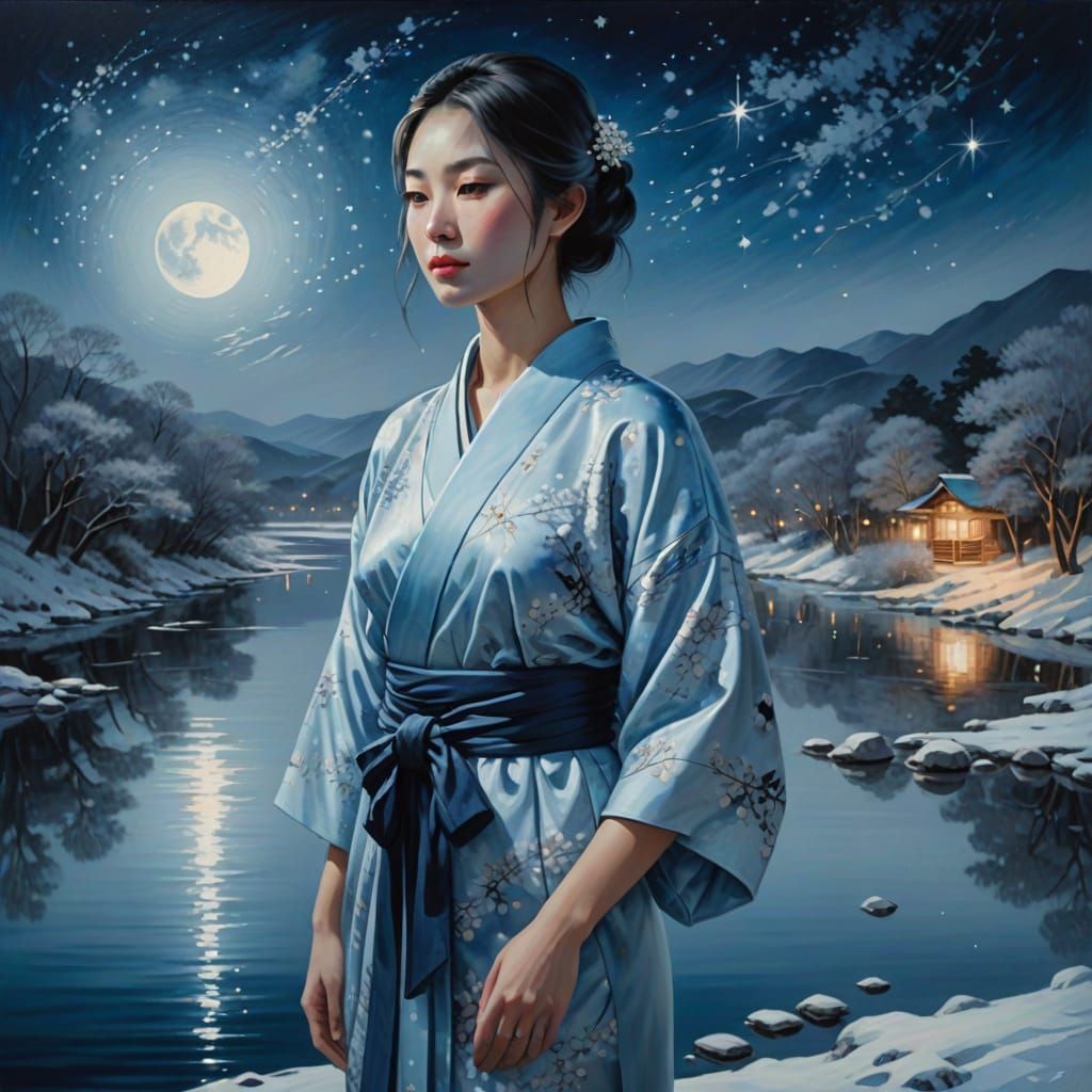 Dreamlike Winter Scene: Woman by Moonlit River
