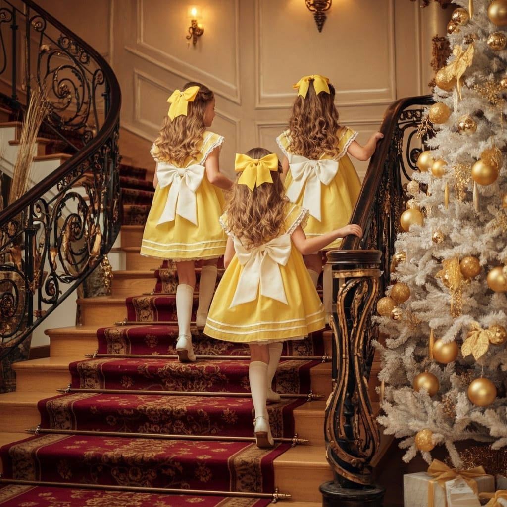 Elegant Girls Ascend Grand Staircase in Festive Holiday Sett...