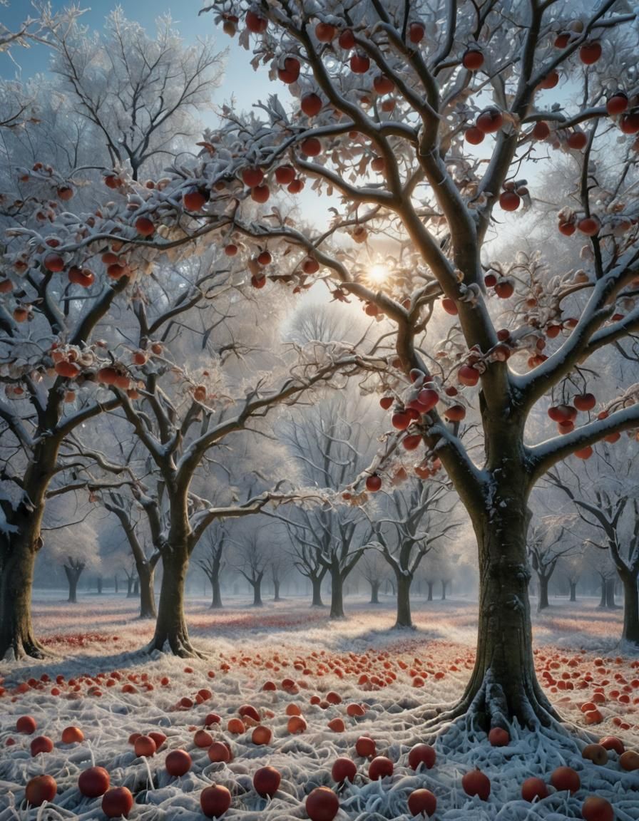 Frosty Apple and Maple Trees in Digital Painting